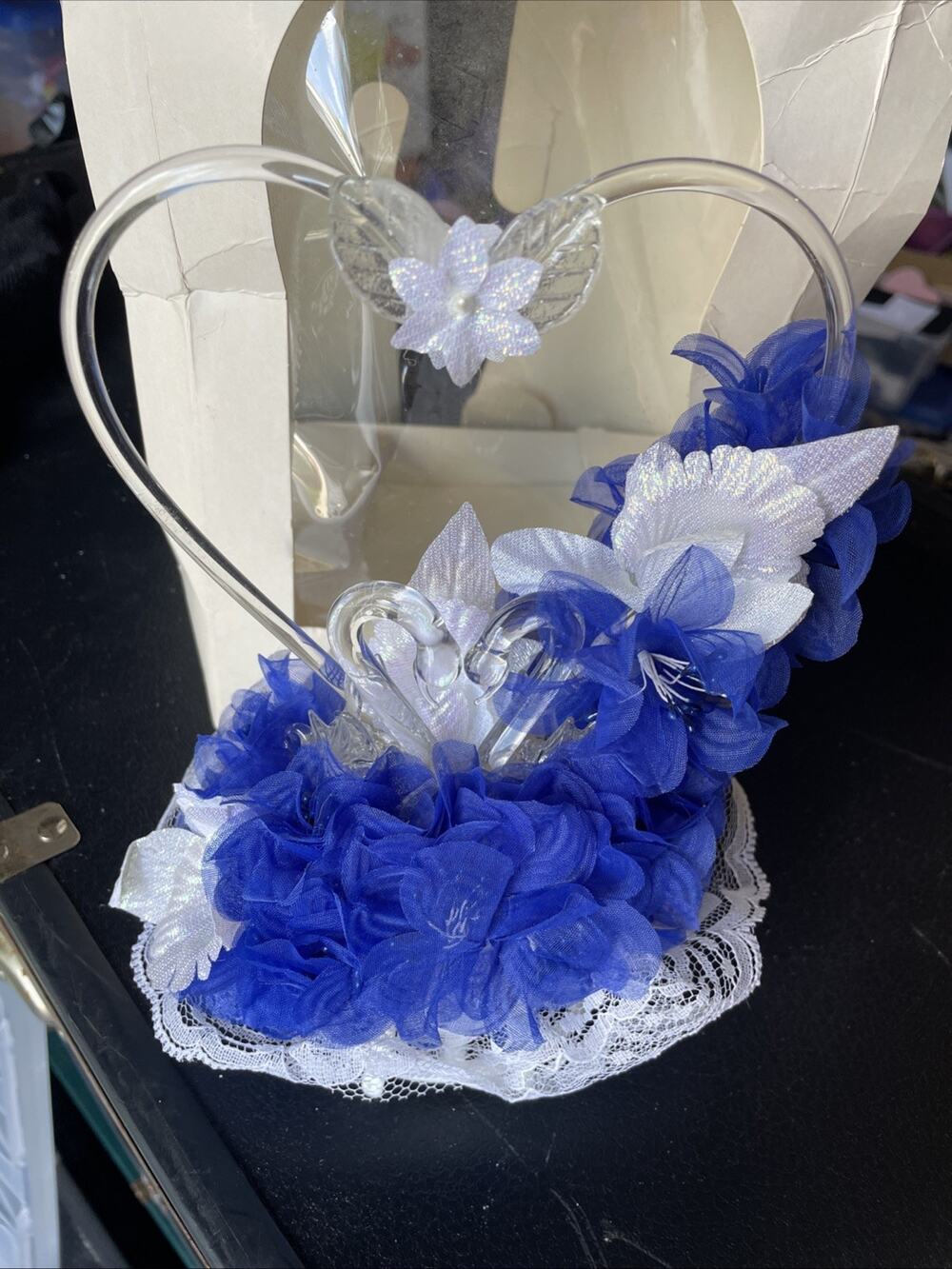 Vintage Elegant Wedding Blown Glass Heart swans Wedding Cake Topper Blue Flowers